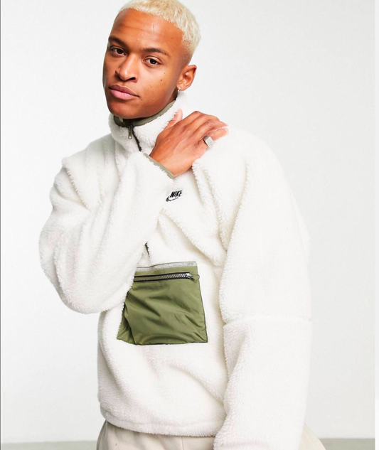 Nike Club Plus Winter 1/2 zip fleece sweat with contrast pocket in white and khaki