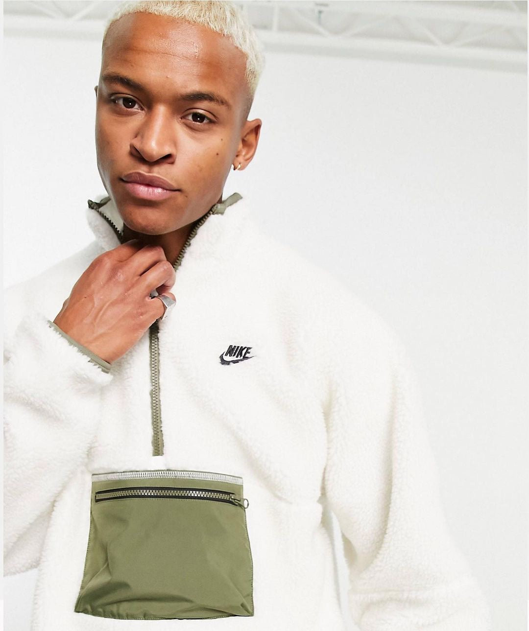 Nike Club Plus Winter 1/2 zip fleece sweat with contrast pocket in white and khaki