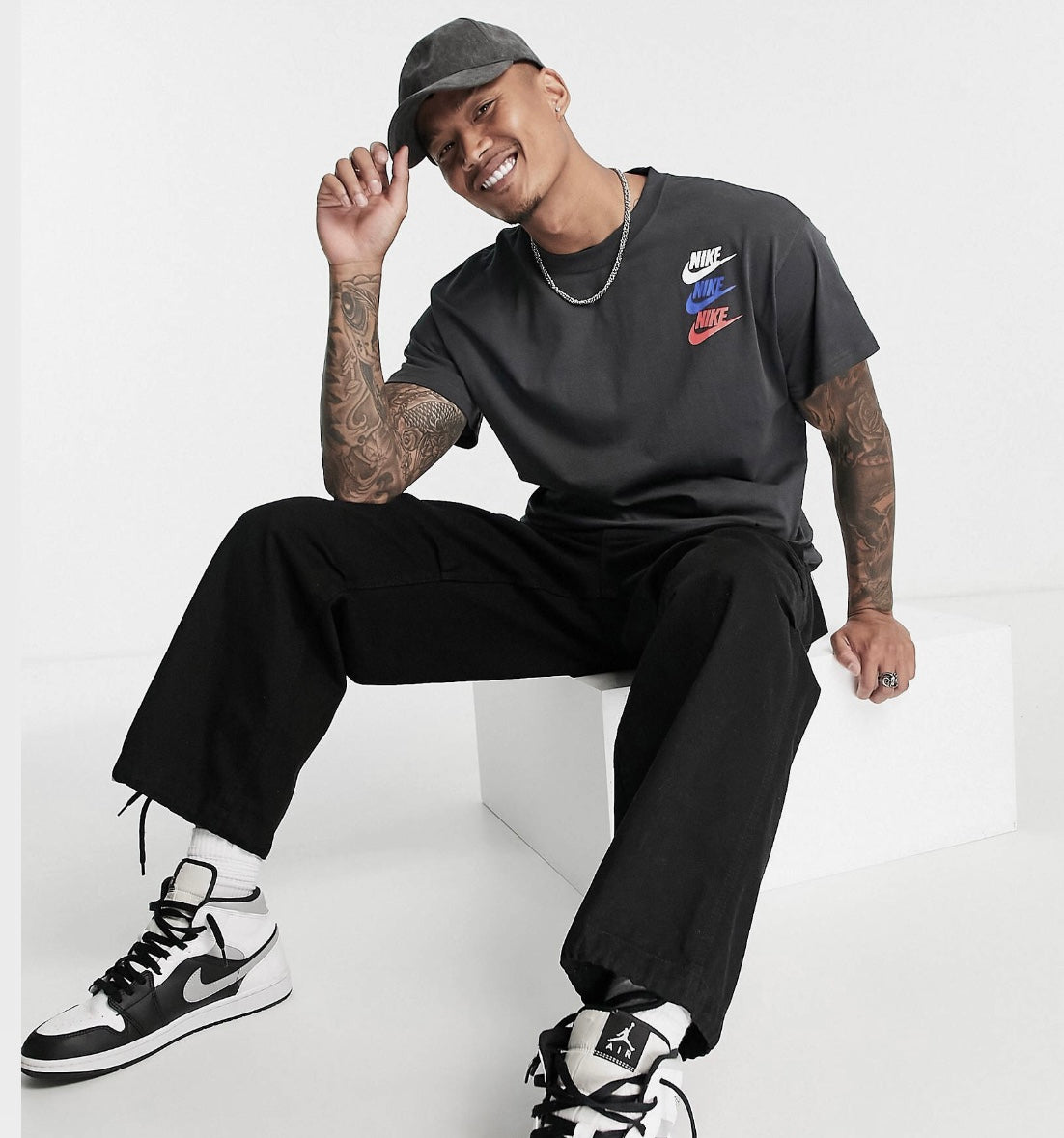 NIKE MULTI LOGO TSHIRT IN SMOKE GREY