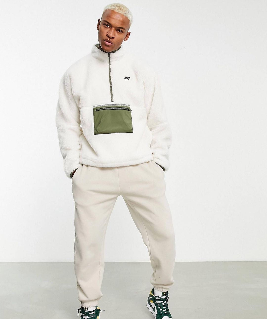 Nike Club Plus Winter 1/2 zip fleece sweat with contrast pocket in white and khaki